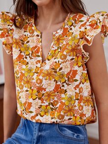 SHEIN Clasi 全身花卉印花荷葉袖套頭衫春襯衫 - 彩色 - 查看 2