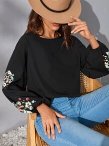 SHEIN LUNE Áo sơ mi nữ Thêu Hoa Giải trí - màu đen - Xem 1