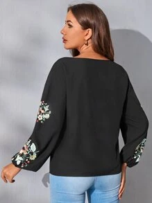 SHEIN LUNE Áo sơ mi nữ Thêu Hoa Giải trí - màu đen - Xem 2
