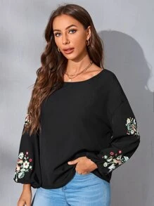 SHEIN LUNE Áo sơ mi nữ Thêu Hoa Giải trí - màu đen - Xem 3
