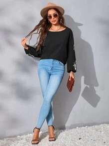 SHEIN LUNE Áo sơ mi nữ Thêu Hoa Giải trí - màu đen - Xem 4