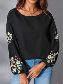 SHEIN LUNE Áo sơ mi nữ Thêu Hoa Giải trí - màu đen - Xem 6