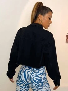 SHEIN ICON Denim Jackets &  Áo khoác Túi Hem thô Bị tách Nút phía trước màu trơn Giải trí - màu đen - Xem 2