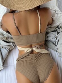 SHEIN Swim Color Block Wrap Bikini For Summer Beach - Brown - View 2