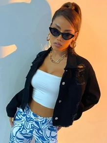 SHEIN ICON Denim Jackets &  Áo khoác Túi Hem thô Bị tách Nút phía trước màu trơn Giải trí - màu đen - Xem 5