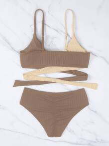 SHEIN Swim Color Block Wrap Bikini For Summer Beach - Brown - View 3