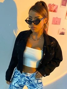 SHEIN ICON Denim Jackets &  Áo khoác Túi Hem thô Bị tách Nút phía trước màu trơn Giải trí - màu đen - Xem 6