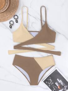SHEIN Swim Color Block Wrap Bikini For Summer Beach - Brown - View 4