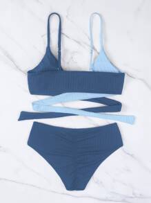 SHEIN Swim Summer Beach Colorblock Twist Bikini - Blue - View 3