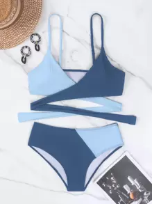 SHEIN Swim Summer Beach Colorblock Twist Bikini - Blue - View 4