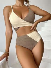 SHEIN Swim Color Block Wrap Bikini For Summer Beach - Brown - View 6