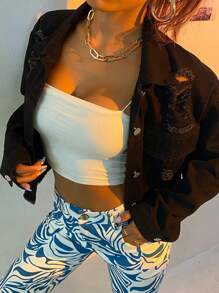 SHEIN ICON Denim Jackets &  Áo khoác Túi Hem thô Bị tách Nút phía trước màu trơn Giải trí - màu đen - Xem 7