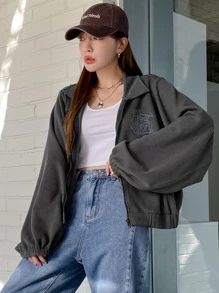 DAZY 標語圖案燈籠袖拉鍊套頭衫 - 深灰色 - 查看 6