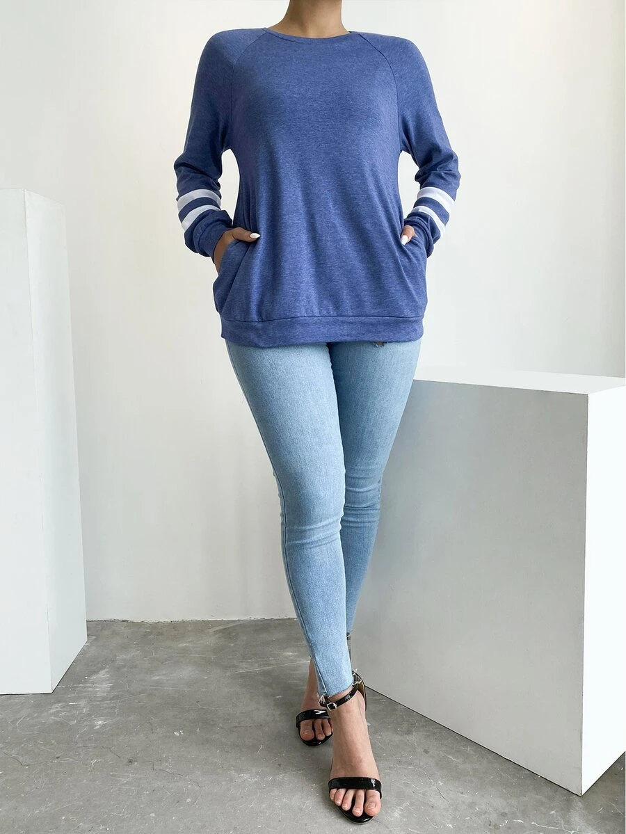 AAmilife Striped Panel Raglan Sleeve Pullover - Dusty Blue - View 1