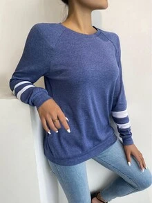 AAmilife Striped Panel Raglan Sleeve Pullover - Dusty Blue - View 4