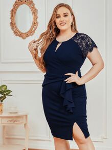 CurvySweet Vestido de cuello con abertura de ojo con encaje de manga raglán con diseño fruncido - Azul Marino - Ver 1