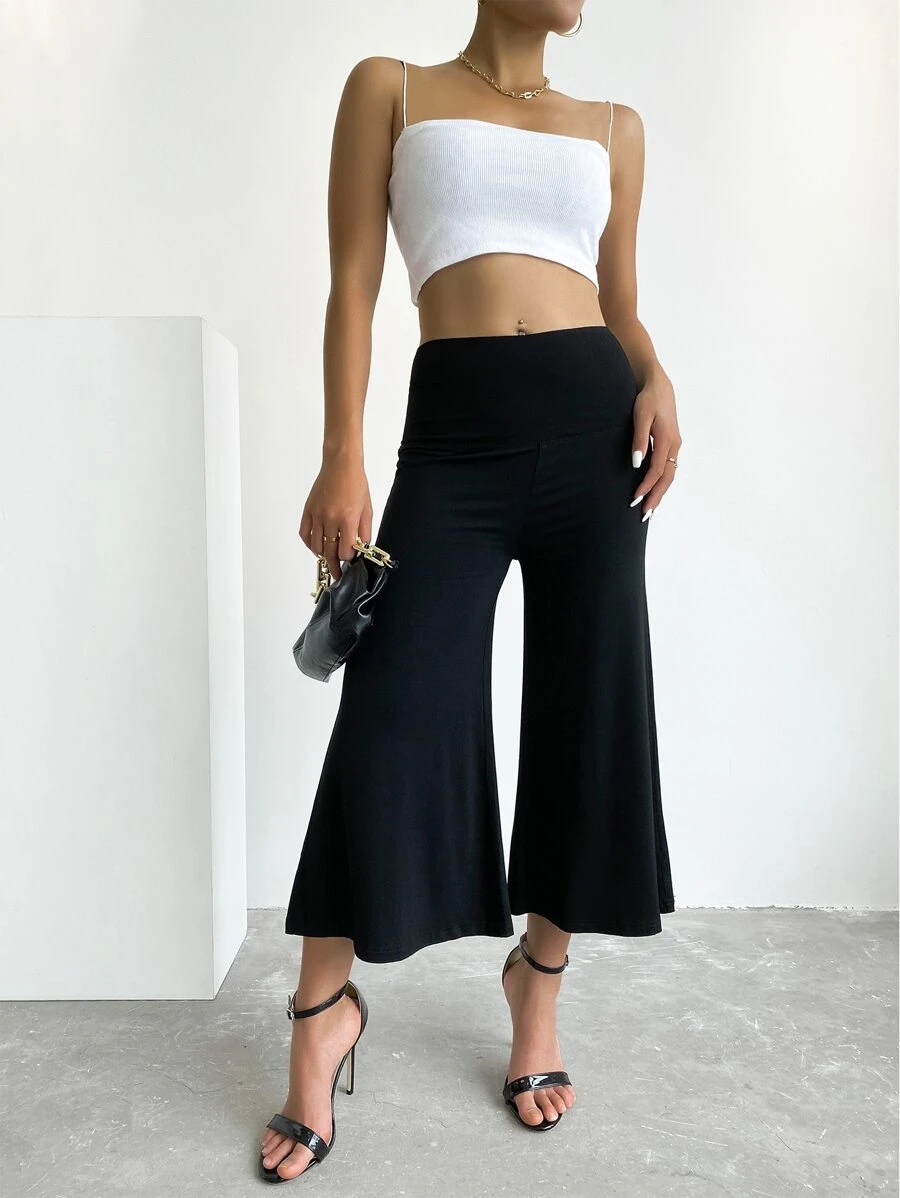 AAmilife Pantalones de pierna ancha capris de talle alto - Negro - Ver 1