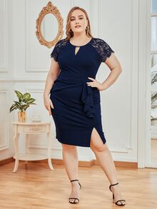 CurvySweet Vestido de cuello con abertura de ojo con encaje de manga raglán con diseño fruncido - Azul Marino - Ver 3