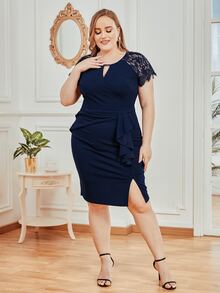 CurvySweet Vestido de cuello con abertura de ojo con encaje de manga raglán con diseño fruncido - Azul Marino - Ver 5