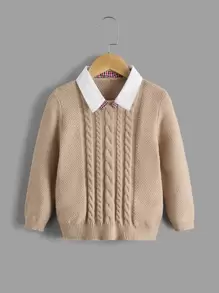 Toddler Boys Contrast Collar Cable Knit 2 In 1 Jumper - Khaki - View 1