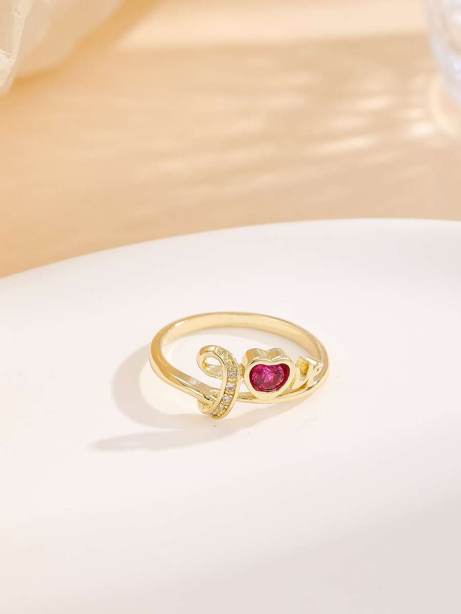 1 pieza Anillo minimalista de letra LOVE y corazón de circonita