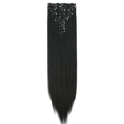 24-Inch 12pcs/Set Clip-In Natural Black Straight Synthetic Hair Extensions, Suitable For Women And Girls Daily Use