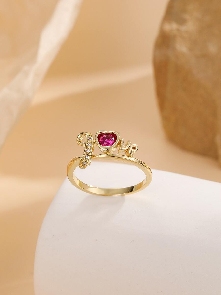 1pc Minimalist Zirconia LOVE Letter & Heart Ring - Yellow Gold - View 1