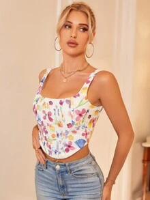 PARTHEA Floral Print Hanky Hem Zip Back Corset Tank Top - Multicolor - View 6