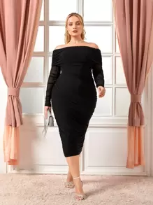 SHEIN Belle Plus Off Shoulder Ruched Mesh Bodycon Dress - Black - View 1