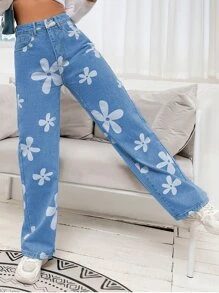 SHEIN EZwear Floral Print High Waist Straight Leg Jeans - Medium Wash - View 1