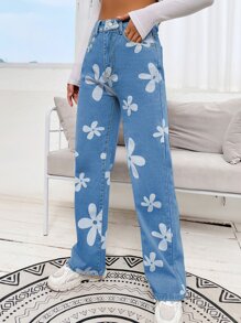SHEIN EZwear Floral Print High Waist Straight Leg Jeans - Medium Wash - View 4