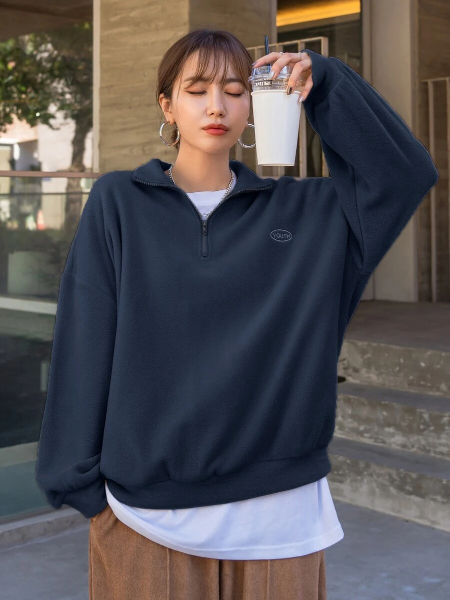 DAZY Quarter Zip Letter Embroidery Drop Shoulder Fleece Sweatshirt - Navy Blue - View 1