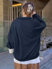 DAZY Quarter Zip Letter Embroidery Drop Shoulder Fleece Sweatshirt - Navy Blue - View 2