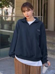 DAZY Quarter Zip Letter Embroidery Drop Shoulder Fleece Sweatshirt - Navy Blue - View 4