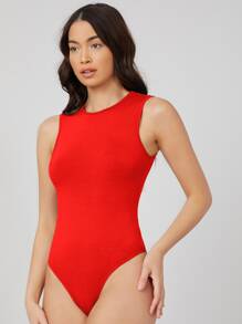 SHEIN BASICS Solid Form Fitted Tank Bodysuit - Red - View 4