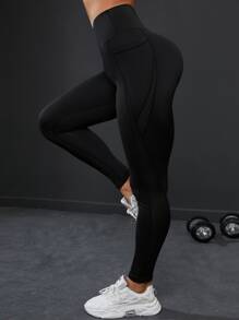 Easithlete 手機口袋寬腰帶運動打底褲 - 黑色 - 查看 2