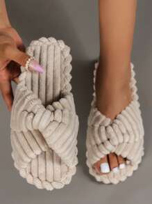 Women Cross Strap Bedroom Slippers, Fashion Indoor Home Slippers - Khaki - View 2