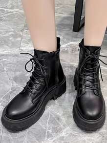 Punk Boots Black Solid Color Zipper Lace-Up Combat Boots,Match With Sweater Go With Cardigan