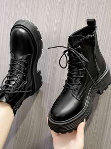 Punk Boots Black Solid Color Zipper Lace-Up Combat Boots,Match With Sweater Go With Cardigan