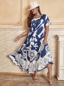 Seusyu Đầm Plus Size Cà vạt nhuộm Boho - Xanh và trắng - Xem 3