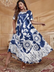 Seusyu Đầm Plus Size Cà vạt nhuộm Boho - Xanh và trắng - Xem 6