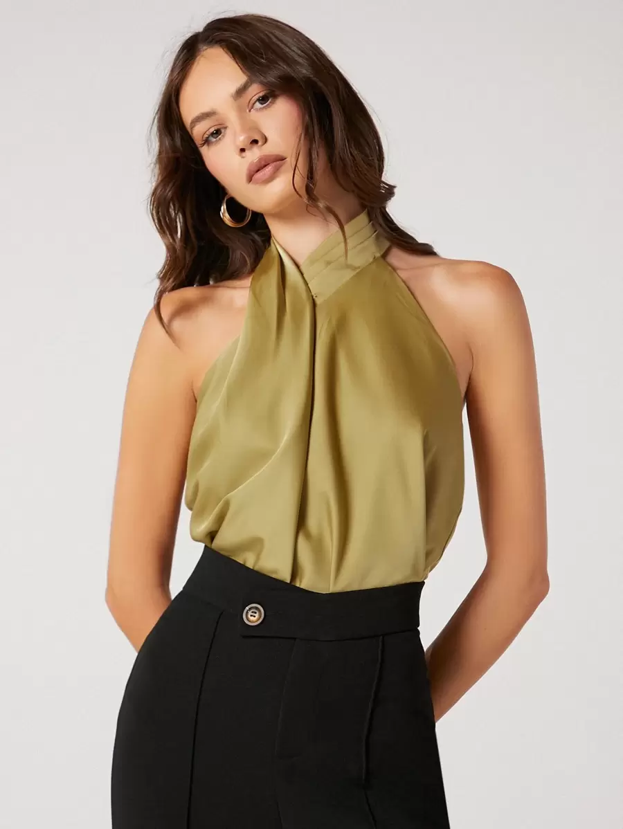 BizChic Twist Detail Halter Top Workwear - Olive Green - View 1