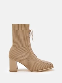 CUCCOO SZL Square Toe Lace-up Front Chunky Heeled Sock Boots - Apricot - View 6