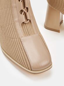 CUCCOO SZL Square Toe Lace-up Front Chunky Heeled Sock Boots - Apricot - View 4