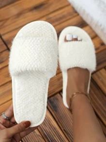 Knit Detail Fluffy Bedroom Slippers - Beige - View 3