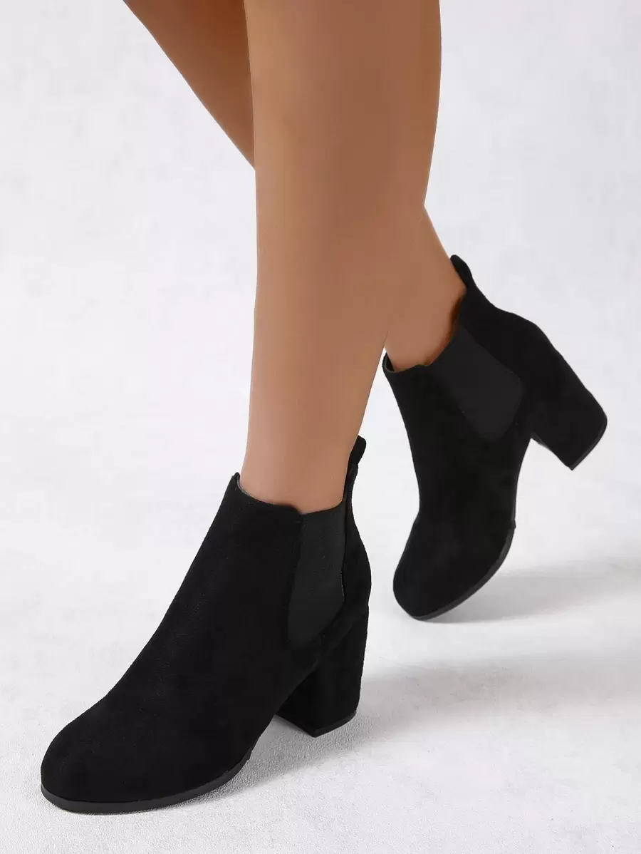 Black Elegant Solid Color Chelsea Boot With Chunky Heel & Suede Upper - Black - View 1