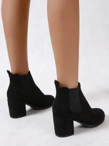 Black Elegant Solid Color Chelsea Boot With Chunky Heel & Suede Upper - Black - View 2