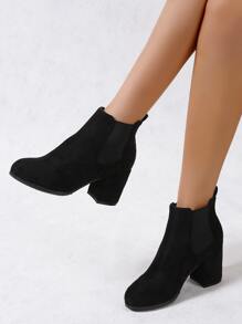 Black Elegant Solid Color Chelsea Boot With Chunky Heel & Suede Upper - Black - View 3