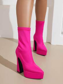 Neon Pink Platform Point Toe Chunky Heeled Classic Boots - Hot Pink - View 1