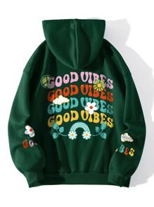 SHEIN EZwear Floral & Slogan Graphic Zip Up Thermal Lined Drawstring Hoodie - Dark Green - View 1